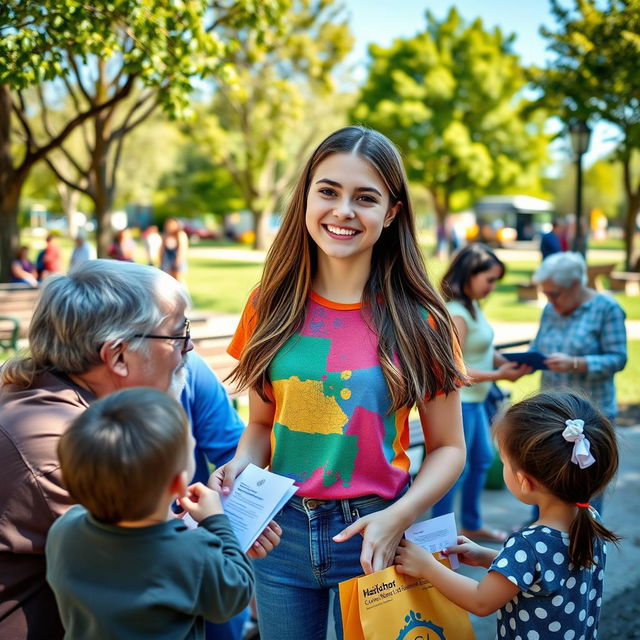 A heartwarming scene featuring a young woman with a warm smile, actively helping others in a community setting