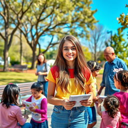 A heartwarming scene featuring a young woman with a warm smile, actively helping others in a community setting