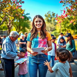 A heartwarming scene featuring a young woman with a warm smile, actively helping others in a community setting