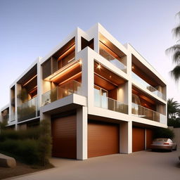 Create an image of a three-story building with a spacious garage, elegantly designed with modern architecture.