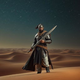 An ancient warrior stands in the middle of a vast desert, surrounded by rolling sand dunes under a majestic starlit night sky
