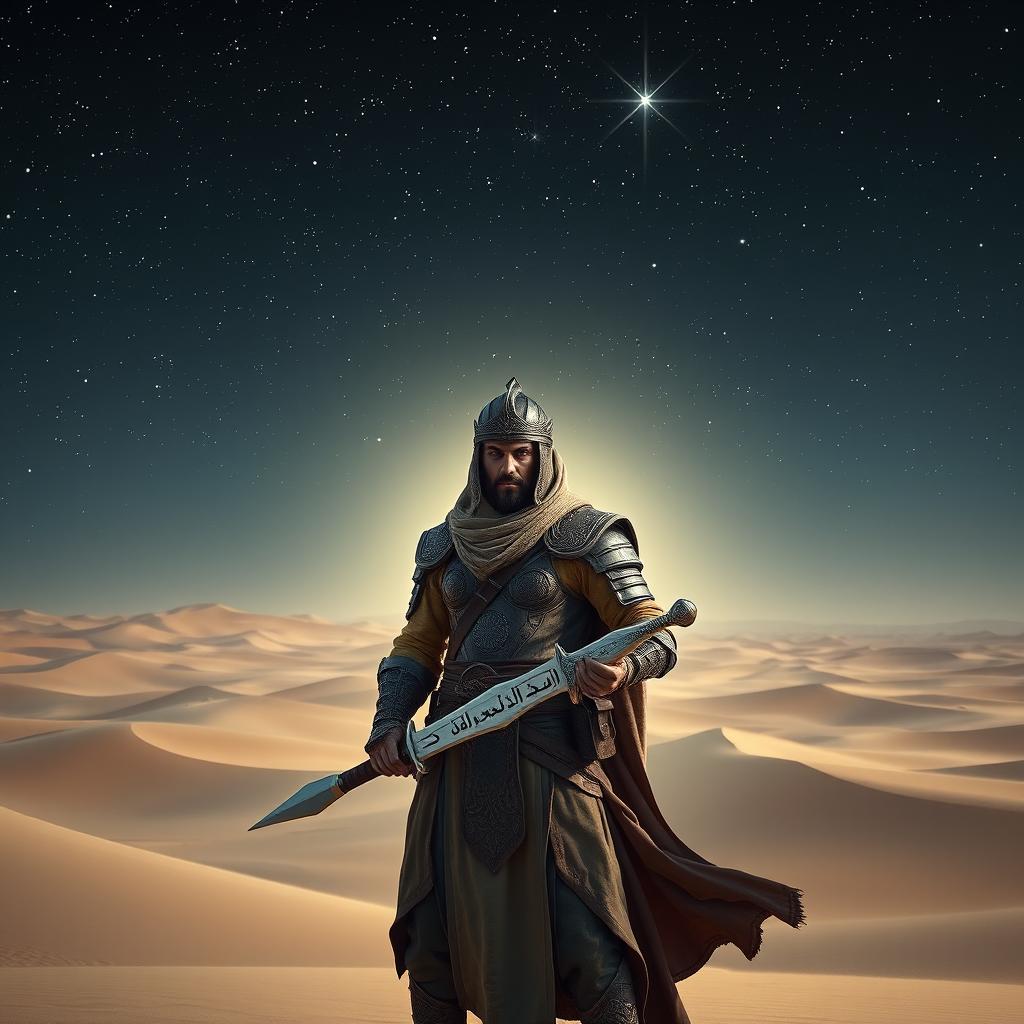 An ancient warrior stands in the middle of a vast desert, surrounded by rolling sand dunes under a majestic starlit night sky