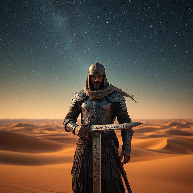 An ancient warrior stands in the middle of a vast desert, surrounded by rolling sand dunes under a majestic starlit night sky