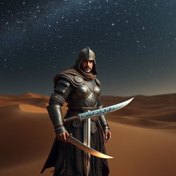 An ancient warrior stands in the middle of a vast desert, surrounded by rolling sand dunes under a majestic starlit night sky