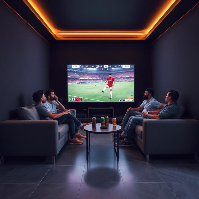 A group of Egyptian youth sitting comfortably on a stylish gray couch, immersed in an exciting game of FIFA 24 on a sleek 65-inch screen in front of them