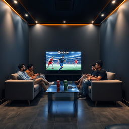 A group of Egyptian youth sitting comfortably on a stylish gray couch, immersed in an exciting game of FIFA 24 on a sleek 65-inch screen in front of them