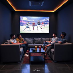 A group of Egyptian youth sitting comfortably on a stylish gray couch, immersed in an exciting game of FIFA 24 on a sleek 65-inch screen in front of them