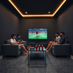 A group of Egyptian youth sitting comfortably on a stylish gray couch, immersed in an exciting game of FIFA 24 on a sleek 65-inch screen in front of them