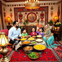 A warm and joyful Iranian family gathering in a beautifully decorated home, showcasing traditional Persian decor with intricate patterns and vibrant colors