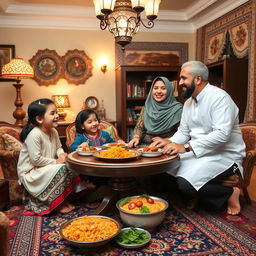 A warm and joyful Iranian family gathering in a beautifully decorated home, showcasing traditional Persian decor with intricate patterns and vibrant colors