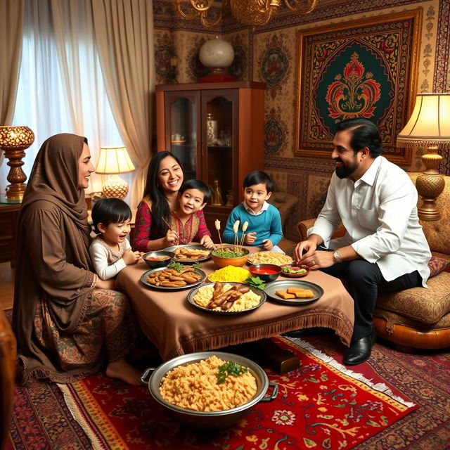 A warm and joyful Iranian family gathering in a beautifully decorated home, showcasing traditional Persian decor with intricate patterns and vibrant colors