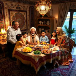 A warm and joyful Iranian family gathering in a beautifully decorated home, showcasing traditional Persian decor with intricate patterns and vibrant colors