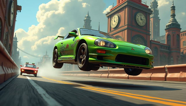 A dynamic scene featuring a green Mitsubishi Eclipse, embodying a steampunk aesthetic, soaring through the air as it jumps over an open bridge in a vibrant steampunk city