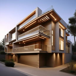 Create an image of a three-story building with a spacious garage, elegantly designed with modern architecture.