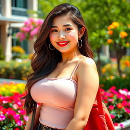 A stunningly beautiful Chinese university student with a voluptuous, curvy figure and large, round breasts
