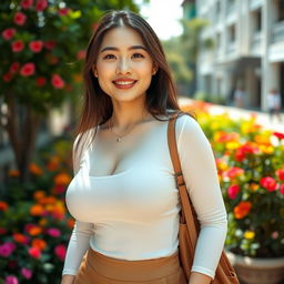 A stunningly beautiful Chinese university student with a voluptuous, curvy figure and large, round breasts