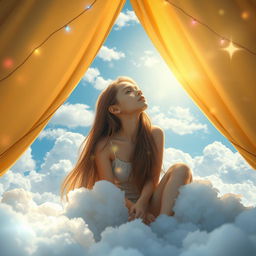 A serene scene depicting a young woman with long flowing hair, sitting in a cozy tent surrounded by fluffy clouds and soft sunlight streaming through