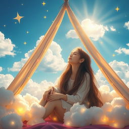 A serene scene depicting a young woman with long flowing hair, sitting in a cozy tent surrounded by fluffy clouds and soft sunlight streaming through