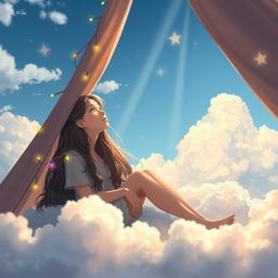 A serene scene depicting a young woman with long flowing hair, sitting in a cozy tent surrounded by fluffy clouds and soft sunlight streaming through