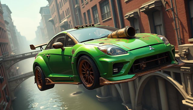 A hyper-realistic depiction of a green Mitsubishi Eclipse, styled with a steampunk aesthetic, soaring through the air during a breathtaking jump off an open bridge in a steampunk city