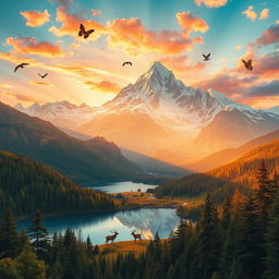 A stunning, hyper-detailed landscape featuring a majestic mountain range at dawn, vibrant hues of orange and pink illuminating the sky, crystal-clear lakes reflecting the scenery, and lush green forests in the foreground