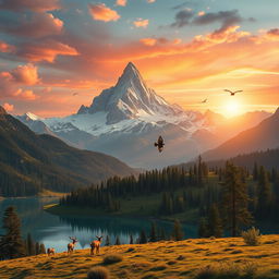 A stunning, hyper-detailed landscape featuring a majestic mountain range at dawn, vibrant hues of orange and pink illuminating the sky, crystal-clear lakes reflecting the scenery, and lush green forests in the foreground