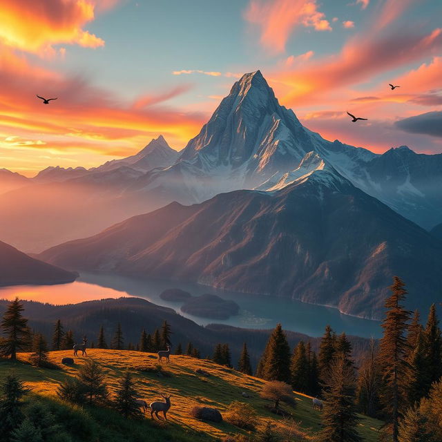 A stunning, hyper-detailed landscape featuring a majestic mountain range at dawn, vibrant hues of orange and pink illuminating the sky, crystal-clear lakes reflecting the scenery, and lush green forests in the foreground