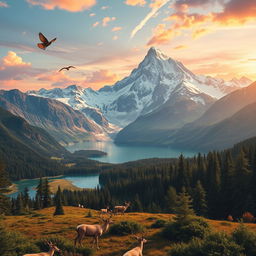A stunning, hyper-detailed landscape featuring a majestic mountain range at dawn, vibrant hues of orange and pink illuminating the sky, crystal-clear lakes reflecting the scenery, and lush green forests in the foreground