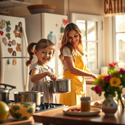 A scene depicting a young girl assisting her mother in a cozy kitchen, filled with warm light