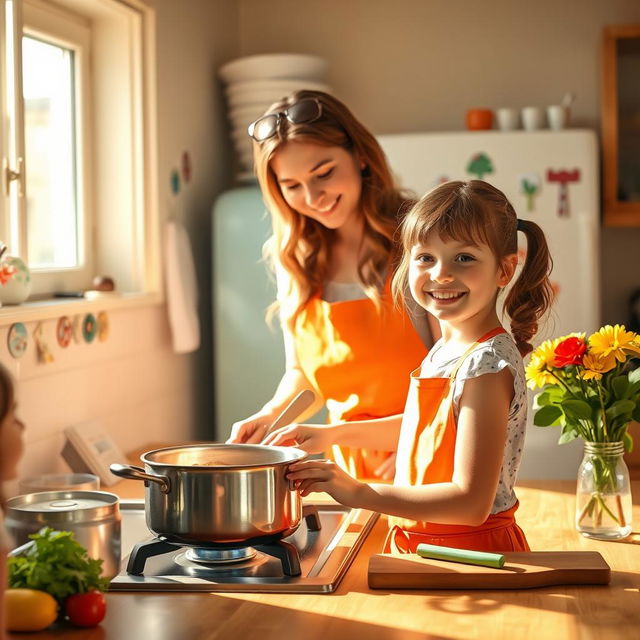 A scene depicting a young girl assisting her mother in a cozy kitchen, filled with warm light