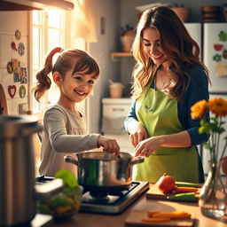 A scene depicting a young girl assisting her mother in a cozy kitchen, filled with warm light