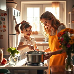 A scene depicting a young girl assisting her mother in a cozy kitchen, filled with warm light
