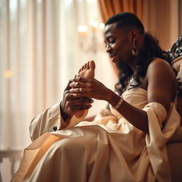 A romantic scene of a man gently kissing a woman's foot with a soft focus background