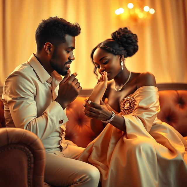 A romantic scene of a man gently kissing a woman's foot with a soft focus background