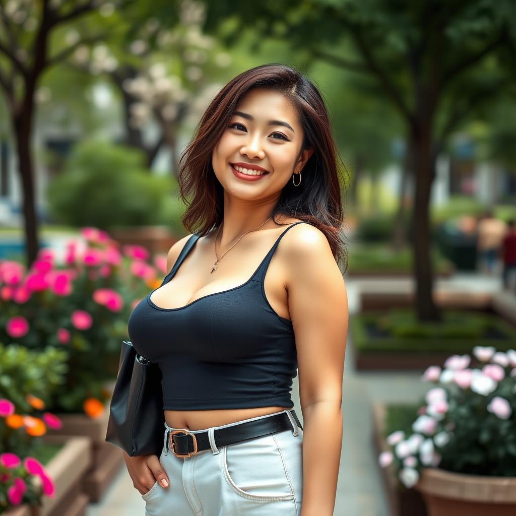 A strikingly beautiful Chinese university student with a curvy, voluptuous body featuring large, round breasts