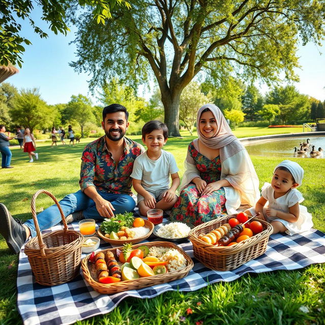 A lively Iranian family enjoying a sunny day in a beautiful park, featuring lush greenery and vibrant flowers