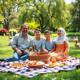 A lively Iranian family enjoying a sunny day in a beautiful park, featuring lush greenery and vibrant flowers