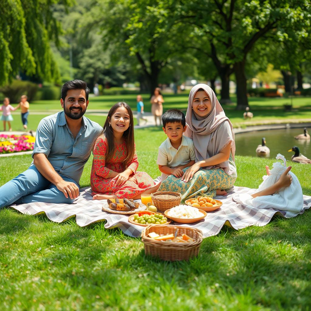 A lively Iranian family enjoying a sunny day in a beautiful park, featuring lush greenery and vibrant flowers