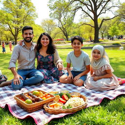 A lively Iranian family enjoying a sunny day in a beautiful park, featuring lush greenery and vibrant flowers