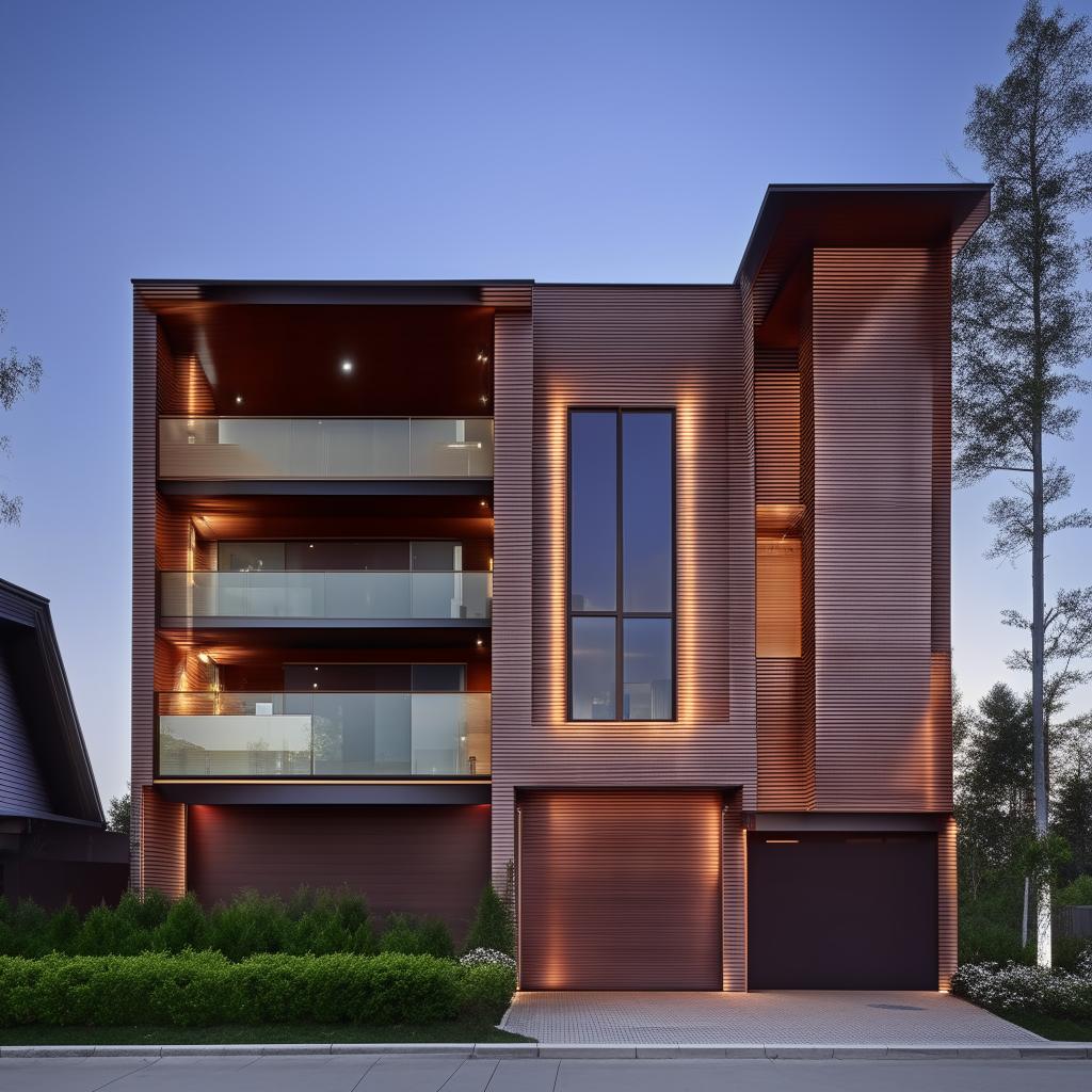 A modern three-story building with a spacious garage situated on the right side. The design incorporates large windows and sophisticated architectural elements.