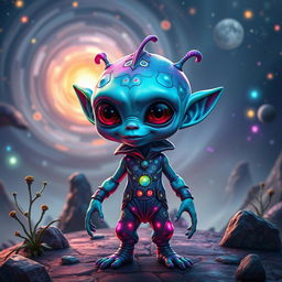 A vibrant, colorful alien humanoid with large, expressive eyes and a playful demeanor, standing on a distant planet with a backdrop of swirling galaxies and glowing nebulas