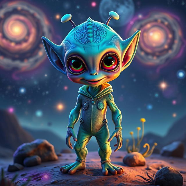 A vibrant, colorful alien humanoid with large, expressive eyes and a playful demeanor, standing on a distant planet with a backdrop of swirling galaxies and glowing nebulas