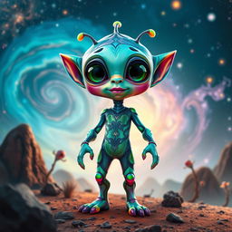 A vibrant, colorful alien humanoid with large, expressive eyes and a playful demeanor, standing on a distant planet with a backdrop of swirling galaxies and glowing nebulas