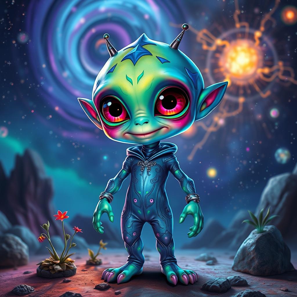 A vibrant, colorful alien humanoid with large, expressive eyes and a playful demeanor, standing on a distant planet with a backdrop of swirling galaxies and glowing nebulas