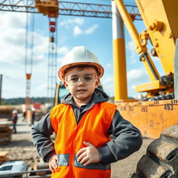 A robust young boy wearing a hard hat and safety goggles, confidently operating heavy machinery at a construction site