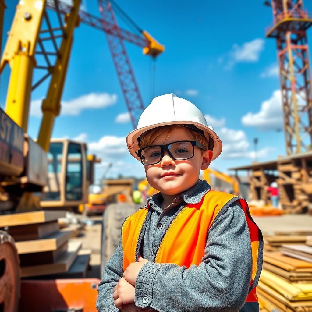 A robust young boy wearing a hard hat and safety goggles, confidently operating heavy machinery at a construction site