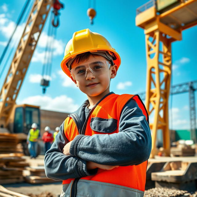 A robust young boy wearing a hard hat and safety goggles, confidently operating heavy machinery at a construction site