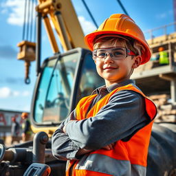 A robust young boy wearing a hard hat and safety goggles, confidently operating heavy machinery at a construction site