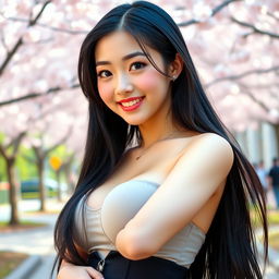 A beautiful Chinese university student with large, round breasts, exuding a playful and flirtatious demeanor