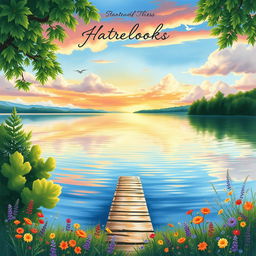 A serene lakeside scene illustrated as a watercolor painting, featuring a calm lake reflecting the colors of the sunset with gentle ripples on the water's surface